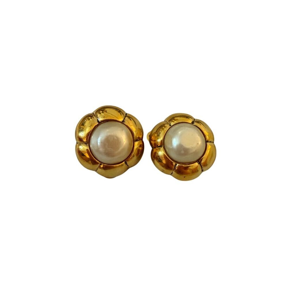 Chanel Logo Gold-plated Flower Central Faux Pearl Clip-On Earrings
